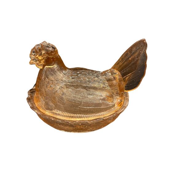 Vintage L.G. Wright Peach Pink Large Glass Hen on A Nest Candy Dish Split Tail - Picture 1 of 5